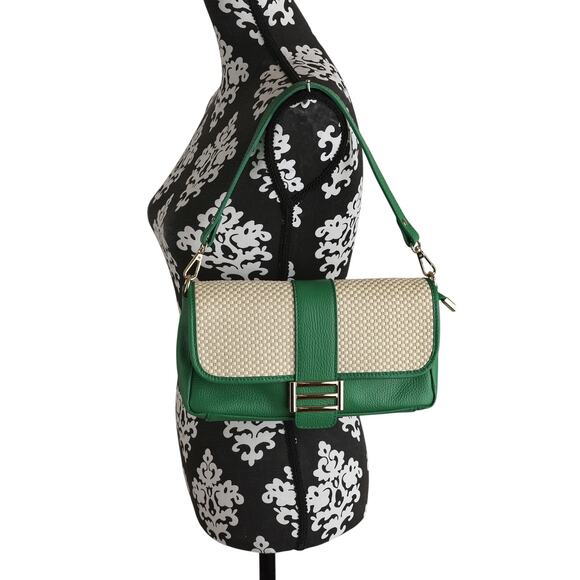 Divina Firenze Emerald Green Leather and Cream Rattan Crossbody Bag - Picture 1 of 12